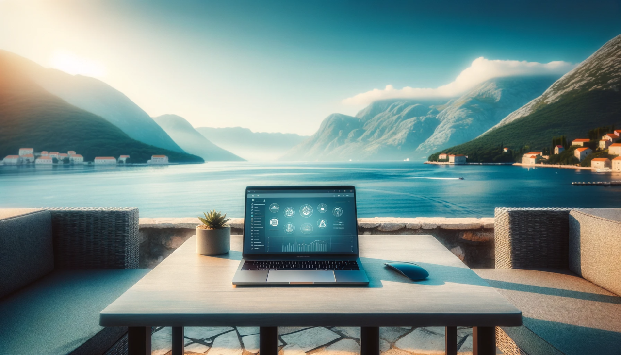 DALL.E-2023-12-20-18.56.29---A-modern-sleek-laptop-set-up-on-a-table-outdoors-with-a-stunning-view-of-Montenegros-landscapes-in-the-background.-The-scene-captures-the-beauty-of